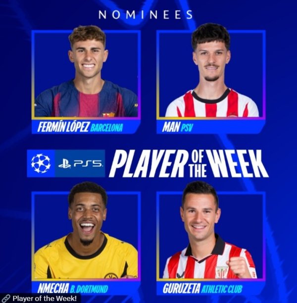 欧冠官方本轮最佳球员候选：费尔明领衔、恩梅查、丹尼斯-曼在列