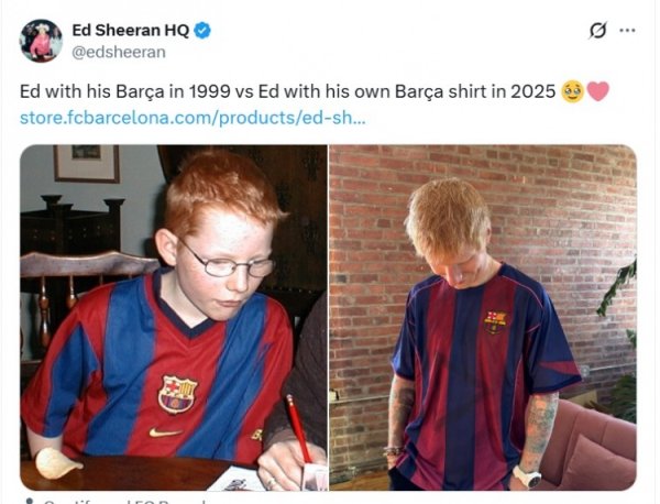 歌手黄老板晒出自己8岁和34岁身穿巴萨运动活动    服  